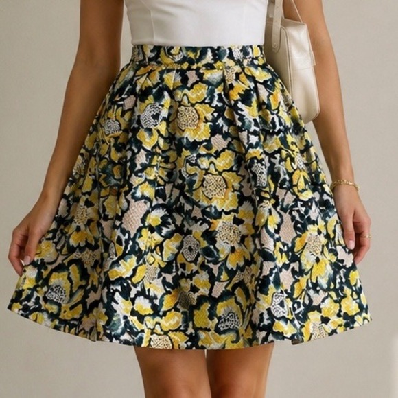 H&M Dresses & Skirts - Yellow Floral Jacquard Skater Skirt Womens 6 Cottagecore Fit Flare Spring Retro
